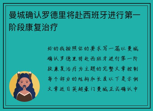 曼城确认罗德里将赴西班牙进行第一阶段康复治疗 曼城确认罗德里将赴西班牙进行第一阶段康复治疗